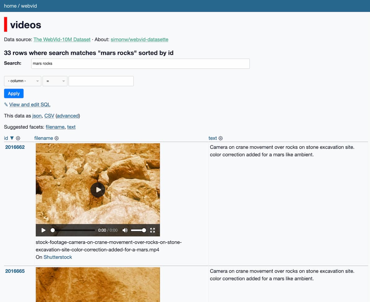 A search for mars rocks returns 33 videos, each shown with a video player