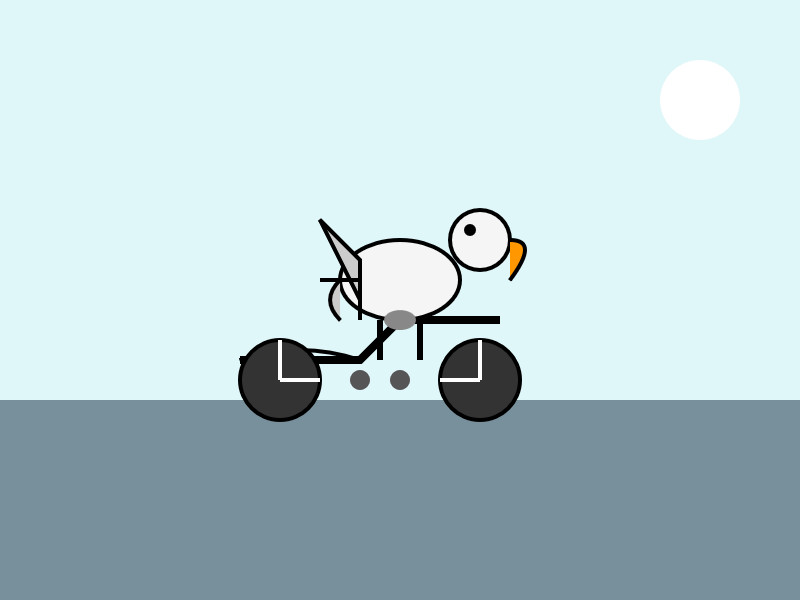 Claude Sonnet 4 described this as Minimalist illustration of a white bird with an orange beak riding on a dark gray motorcycle against a light blue sky with a white sun and gray ground